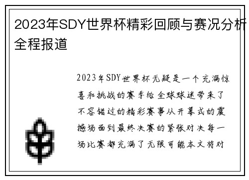 2023年SDY世界杯精彩回顾与赛况分析全程报道