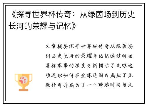 《探寻世界杯传奇：从绿茵场到历史长河的荣耀与记忆》