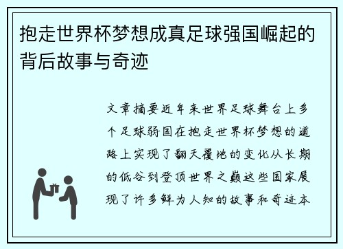 抱走世界杯梦想成真足球强国崛起的背后故事与奇迹